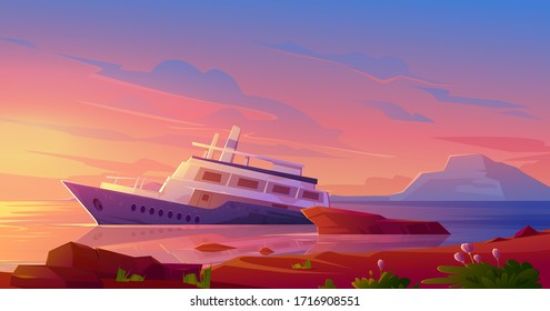 Sunken Kreuzfahrtschiff im Ozeanhafen bei Sonnenuntergang. Cartoon-Illustration der tropischen Sommerlandschaft mit alten Passagierschiffen, die nach dem Schiffbruch im Meerwasser versinken