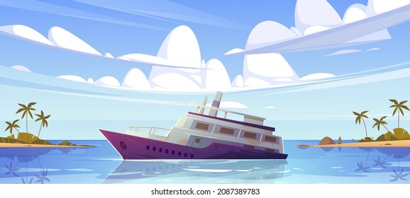 Sunken cruise ship in ocean harbor near tropical island with palm trees. Beautiful summer landscape with old passenger liner sinking in sea water after shipwreck, Cartoon vector illustration