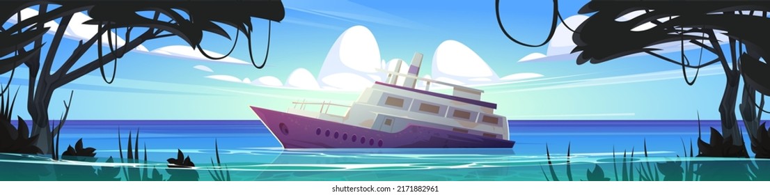 Cruceros hundidos en el puerto oceánico cerca de la isla tropical con lianas y árboles. Hermoso paisaje veraniego con el viejo transatlántico de pasajeros hundiéndose en el agua del mar después del naufragio, ilustración del vector de dibujos animados