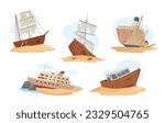 sunken pirate and cargo ships set. wreck of cargo and pirate ships,sunken ships lie on the water surface and on the sand. vector catoon illustration.