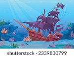 Sunken pirate ship. Abandoned vessel in ocean underwater landscape, sea shipwreck wrecked wooden boat on seabed reef wreck ships water backdrop, vector illustration of wreck abandoned in ocean