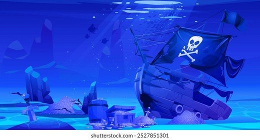 Sunken pirate ship with broken wooden deck lying underwater on sea floor near treasure. Damaged old boat after shipwreck, golden coins and jewelry in piles deep under ocean water on sand bottom.