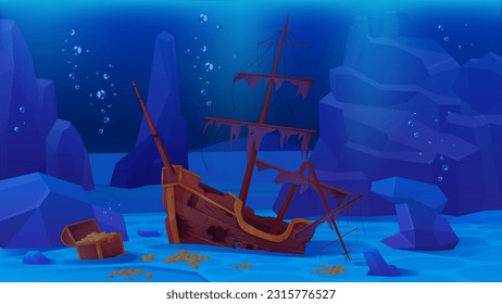 Sunken pirate ship on sea or ocean bottom vector illustration. Cartoon deep underwater game scene of shipwreck, wooden boat with broken mast and deck, bubbles in blue water and gold treasure on seabed