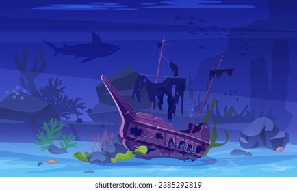 Sunken pirate ship on sea or ocean bottom vector illustration. Cartoon underwater shipwreck scene of boat on seabed and abstract silhouettes of marine creature, school fish and undersea coral