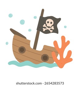 Sunken pirate ship with skull flag, coral reef, and bubbles, ideal for spooky sea tales, nautical decor, and underwater mystery scenes.