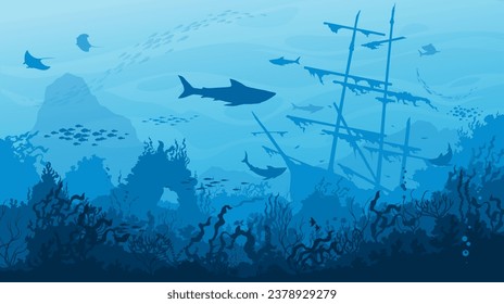 Sunken Segelschiff, Haie und Fischschauer auf Unterwasserlandschaft Silhouette. Meereswasserwellen und Meereskorallenriff, Untergrund, Vektorhintergrund mit Meerestieren, Algen und alten Segelbooten