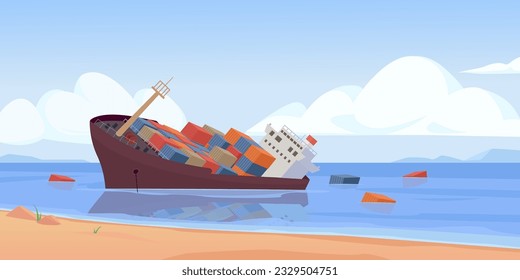 versenkter Schiffshintergrund, Schiffswrack. Cartoon marinen Hintergrund, Schiff liegt am Meer, Frachtcontainer fallen ins Wasser. Vektorgrafik-Hintergrund