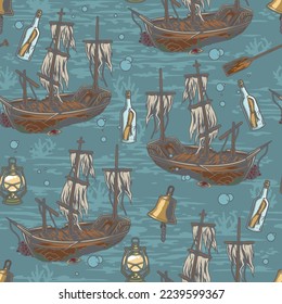 Patrón ininterrumpido de color de barco hundido con lámpara de queroseno y letra en botella cerca de un buque marino hundido ilustración de vector submarino
