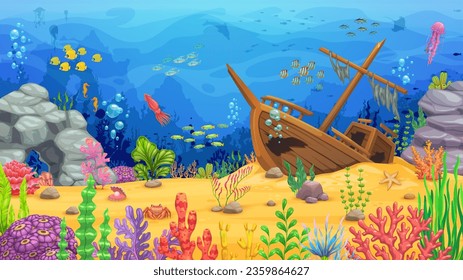 Gesunkenes Schiff, Fischküsten und Algen unter Wasser Landschaft. Cartoon-Korallenriff und Untergrund, Vektorhintergrund mit Meerwasserwellen, Delphin, Tintenfisch und Quallen, Seestern, Seepferdchen und Muscheln