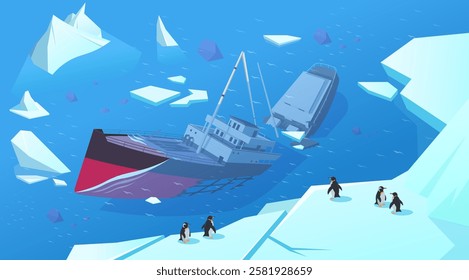 Sunken ship near icebergs with penguins on an iceberg. Vector illustration