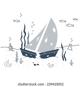 Sunken ship on the sea bottom