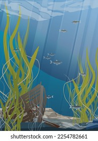 Sunken ship on the seabed with algae and fish. Realistic vector vertical landscape