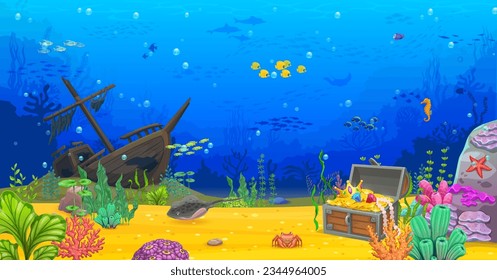 Buque hundido y cofre del tesoro pirata, paisaje submarino. Fondo vectorial de nivel de juego de arcada, fondo de arrecifes de coral oceánicos tropicales con olas de agua azul, calzado de peces, delfín, cangrejo y grises