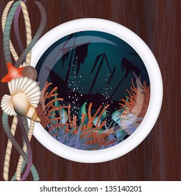 Sunken ship in porthole, vector illustration