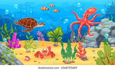 Sunken ship and sea animals on underwater game landscape, cartoon vector background. Undersea game landscape with sea or ocean fishes, funny octopus with turtle and crab in underwater seaweeds