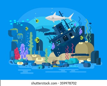 Sunken ship under water