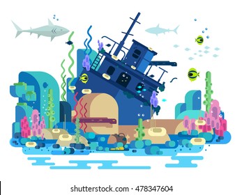 Sunken ship under water