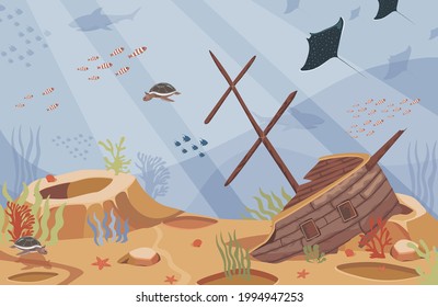 Sunken ship vector flat illustration. Broken boat underwater in a blue sea. Coral reef, tropical fish, stingrays, and turtles swimming in the ocean. Ruined pirate schooner with treasure.