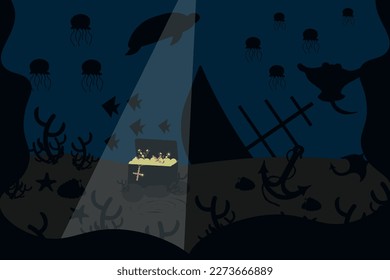 A sunken ship in the world ocean with treasures. World ocean's day concept.