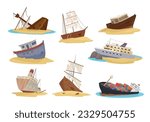 sunken ships set. sunken ships lie on the water surface and on the sand, wreck of cargo and pirate ships. vector catoon illustration.
