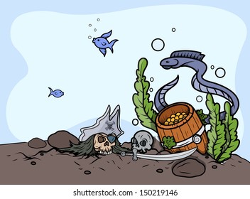 Sunken Treasure in Sea Bottom - Vector Cartoon Illustration