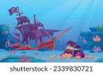 Sunken treasure. Sunken ship with pirate treasures chest on ocean bottom, underwater life of coral seabed, undersea adventure game, ingenious vector illustration of pirate ship undersea and underwater