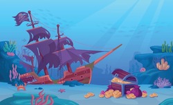 Sunken Treasure. Sunken Ship With Pirate Treasures Chest On Ocean Bottom, Underwater Life Of Coral Seabed, Undersea Adventure Game, Ingenious Vector Illustration Of Pirate Ship Undersea And Underwater