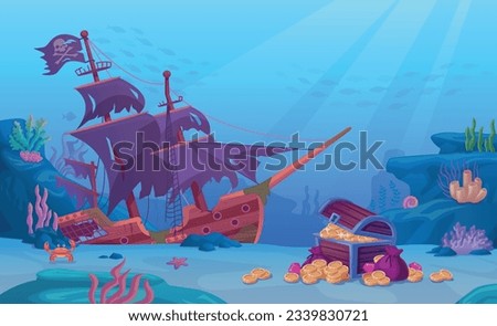 Sunken treasure. Sunken ship with pirate treasures chest on ocean bottom, underwater life of coral seabed, undersea adventure game, ingenious vector illustration of pirate ship undersea and underwater