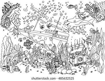 Sunken treasure. Wreck. Vector illustration. Doodle drawing. Meditative exercise. Coloring book anti stress for adults. Brown and white.