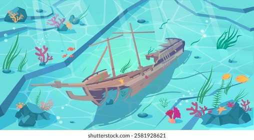 Sunken wooden ship in vibrant underwater seascape. Vector illustration