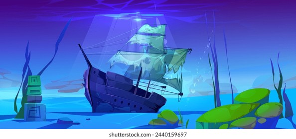 Naufragio hundido velero en la arena del fondo del mar con piedras de musgo y algas verdes. Ilustración vectorial de dibujos animados de naufragio roto en el suelo marino bajo aguas azules. Paisaje submarino.