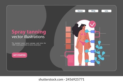 Sun-kissed spray tanning session. A woman achieves an even bronzed look with modern spray tan technology. Flat vector illustration.