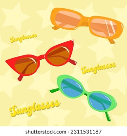 Sunlasses set. Trendy colorfull and vintage accessory. Brigth eyeglass frames