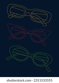 Sunlasses set. Trendy colorfull and vintage accessory. Brigth eyeglass frames. Isolated vector