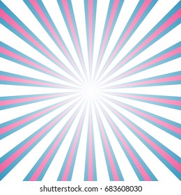 Sunlight abstract background. Bright pink, blue and white color burst background. Vector illustration. Sun beam ray sunburst pattern background. Retro candy bright backdrop.