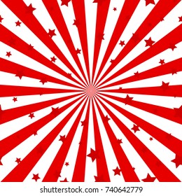 Sunlight abstract background. Bright red color burst background with shining stars. Vector illustration. Sun beam ray sunburst pattern background. Magic bright backdrop.