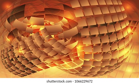 Sunlight. Abstract background. Global explosion, soaring square parts, flying to the sides. Composition on a bright yellow background.