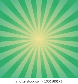 Sunlight abstract background. Green color burst background. Vector illustration. Sun beam ray sunburst pattern background. St Patrick day bright backdrop. 