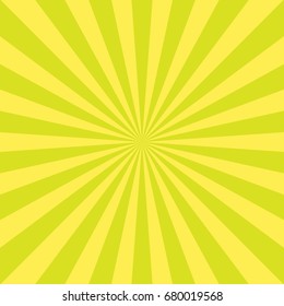 Sunlight abstract background. Green and yellow color burst background. Vector illustration. Sun beam ray sunburst pattern background. Retro bright backdrop.