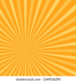 Sunlight abstract background. Orange and gold color burst background. Vector illustration. Sun beam ray sunburst pattern background. Retro bright poster or placard