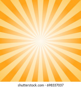 Sunlight abstract background. Orange and gold color burst background. Vector illustration. Sun beam ray sunburst pattern background. Retro bright backdrop.