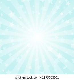 Sunlight abstract background. Powder blue color burst background with shining stars. Vector illustration. Sun beam ray sunburst pattern background. Magic bright backdrop.