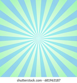 Sunlight abstract background. Powder blue and green color burst background. Vector illustration. Sun beam ray sunburst pattern background. Retro bright backdrop.