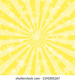 Sunlight abstract background. Powder yellow color burst background with shining stars. Vector illustration. Sun beam ray sunburst pattern background. Magic bright backdrop.