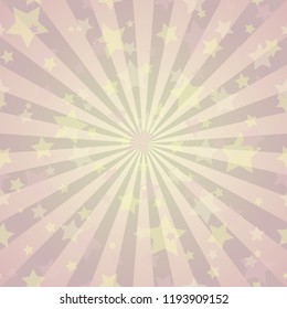 Sunlight abstract background. Powder yellow and pink color burst background with shining stars. Vector illustration. Sun beam ray sunburst pattern background. Magic bright backdrop.