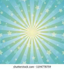 Sunlight abstract background. Powder yellow and blue color burst background with shining stars. Vector illustration. Sun beam ray sunburst pattern backdrop. Magic, festival, holiday poster