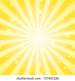 Sunlight abstract background. Powder yellow color burst background with shining stars. Vector illustration. Sun beam ray sunburst pattern background. Magic bright backdrop.