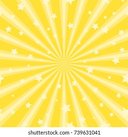 Sunlight abstract background. Powder yellow color burst background with shining stars. Vector illustration. Sun beam ray sunburst pattern background. Magic bright backdrop.