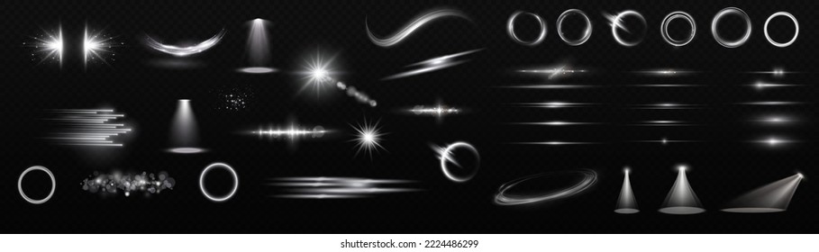 Sunlight, abstract special effect. Light effect set. Glow isolated white transparent light effect set. lens flare, explosion, glitter, dust, line, sun flash, spark and stars, spotlight, curve twirl.