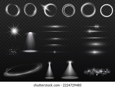 Sunlight, abstract special effect. Light effect set. Glow isolated white transparent light effect set. lens flare, explosion, glitter, dust, line, sun flash, spark and stars, spotlight, curve twirl.